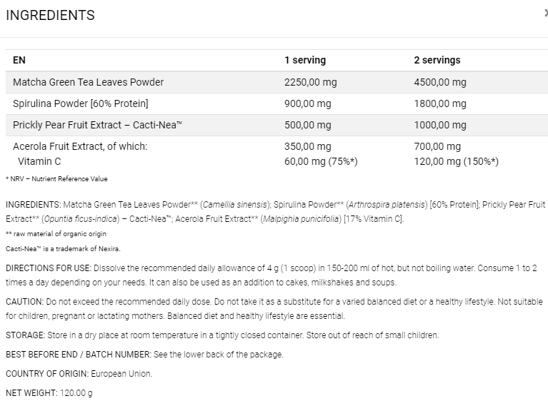 Matcha Extreme Ingredients